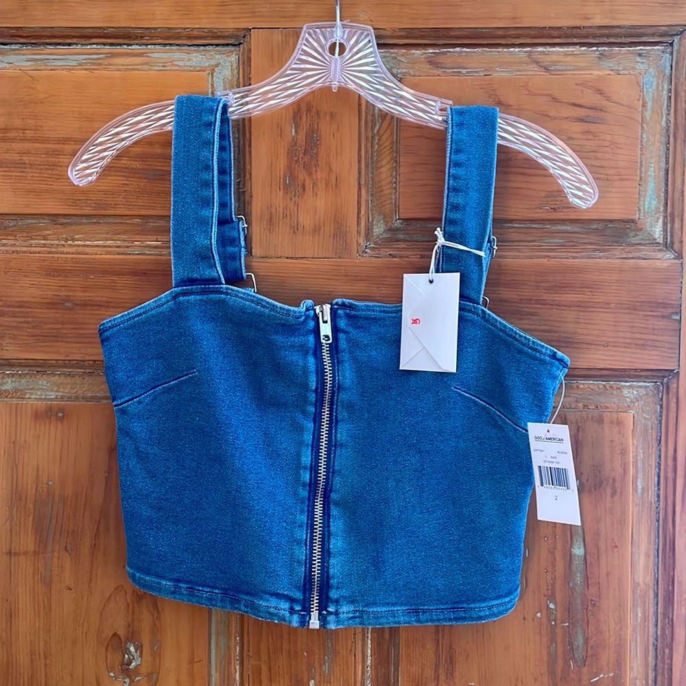 Good American Blue Denim Zip Front Bustier Crop Top, NWT